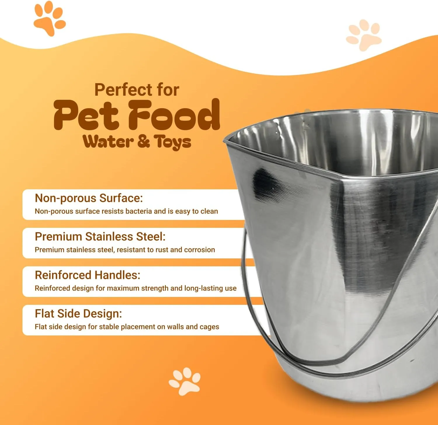 2 Quart Heavy Duty Stainless Steel Flat Side Bucket | Durable Food & Water Pail for Dogs, Cats, Kennels, Cages and Critter Crates | Multi-Purpose Bucket