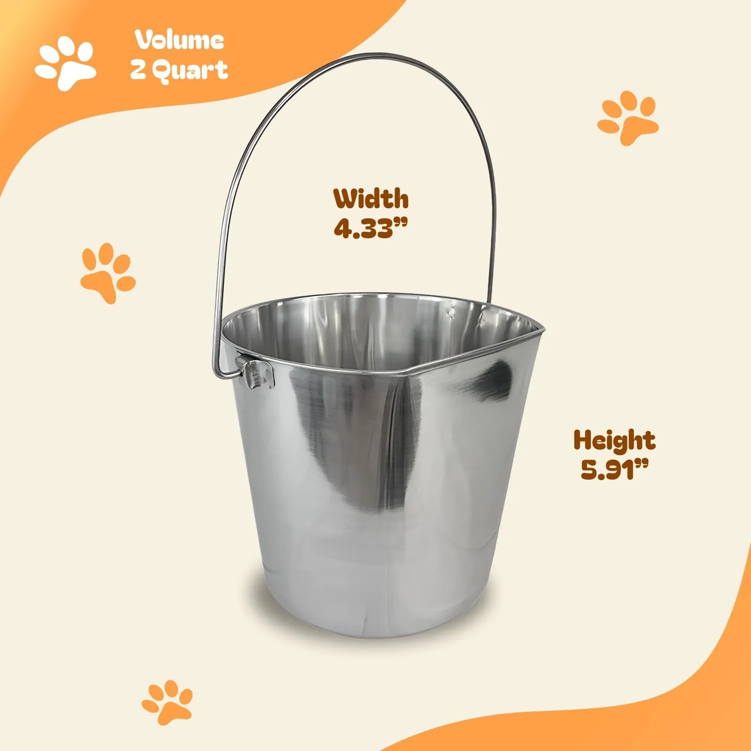 2 Quart Heavy Duty Stainless Steel Flat Side Bucket | Durable Food & Water Pail for Dogs, Cats, Kennels, Cages and Critter Crates | Multi-Purpose Bucket