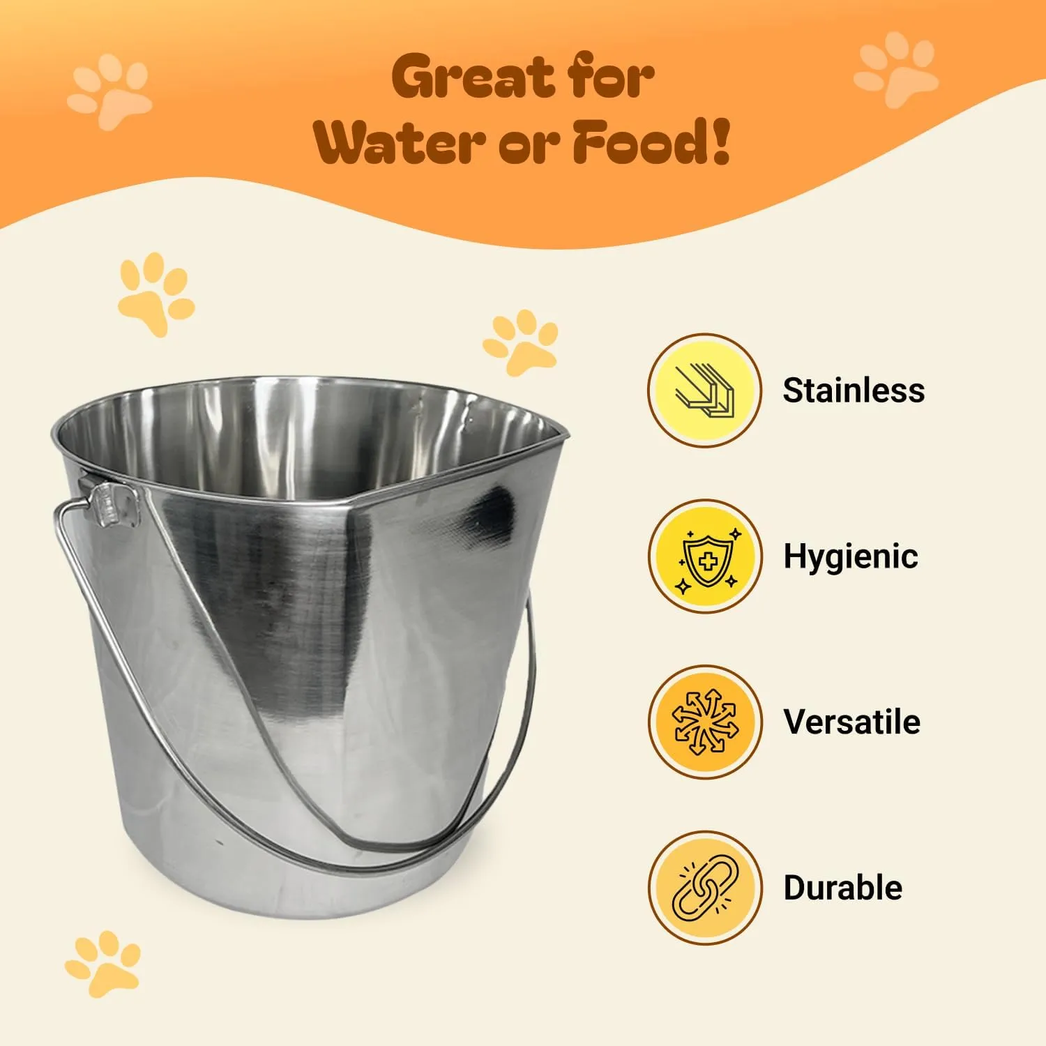 2 Quart Heavy Duty Stainless Steel Flat Side Bucket | Durable Food & Water Pail for Dogs, Cats, Kennels, Cages and Critter Crates | Multi-Purpose Bucket