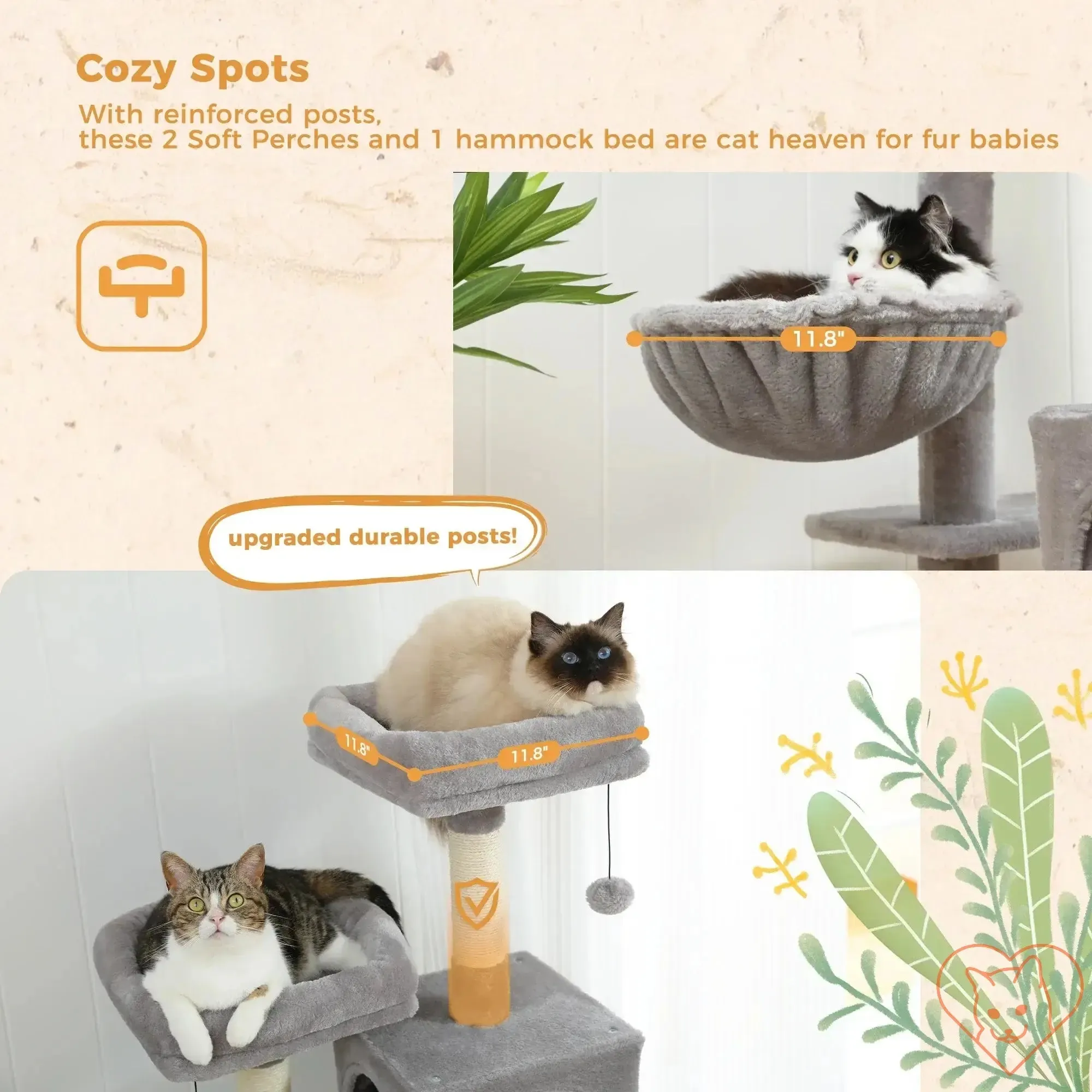 68-Inch Multi-Level Cat Tree Tower with Condos, Sisal Posts & Perch