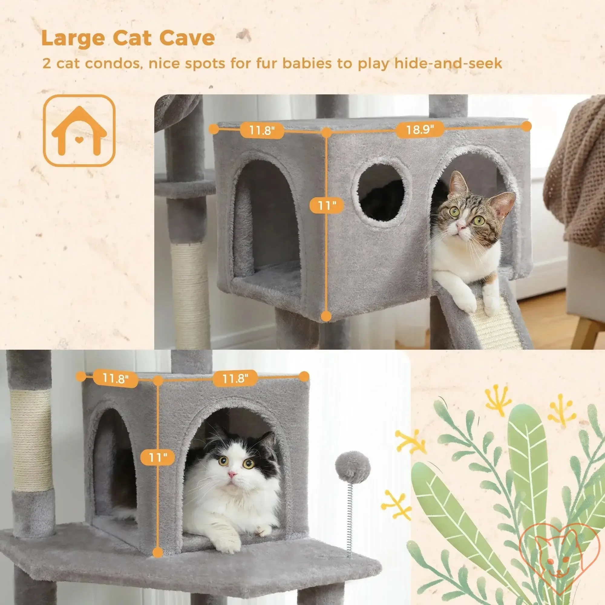 68-Inch Multi-Level Cat Tree Tower with Condos, Sisal Posts & Perch