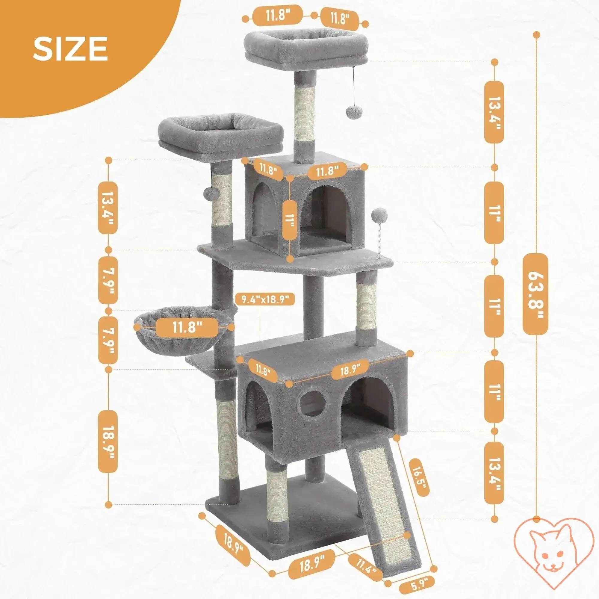 68-Inch Multi-Level Cat Tree Tower with Condos, Sisal Posts & Perch