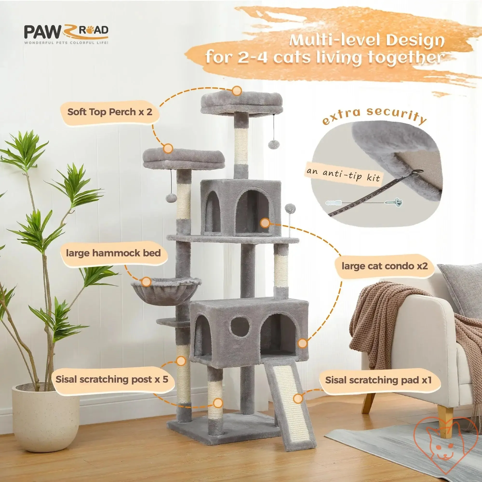 68-Inch Multi-Level Cat Tree Tower with Condos, Sisal Posts & Perch
