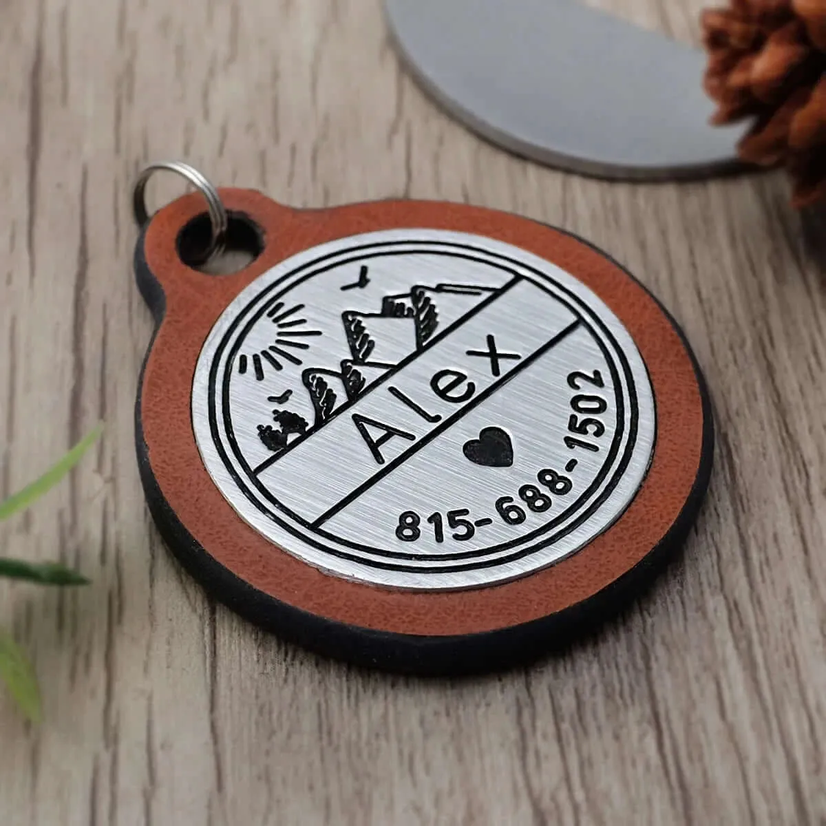 Custom Engraved Mountain Scene Leather or Wood Dog Tag