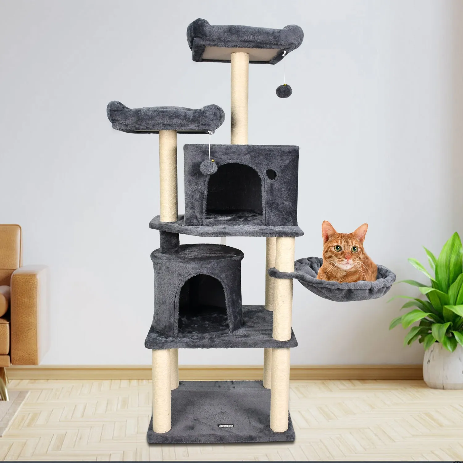 GOOPAWS Multi-Level 60-in Faux Fur Cat Tree & Condo, Dark Grey