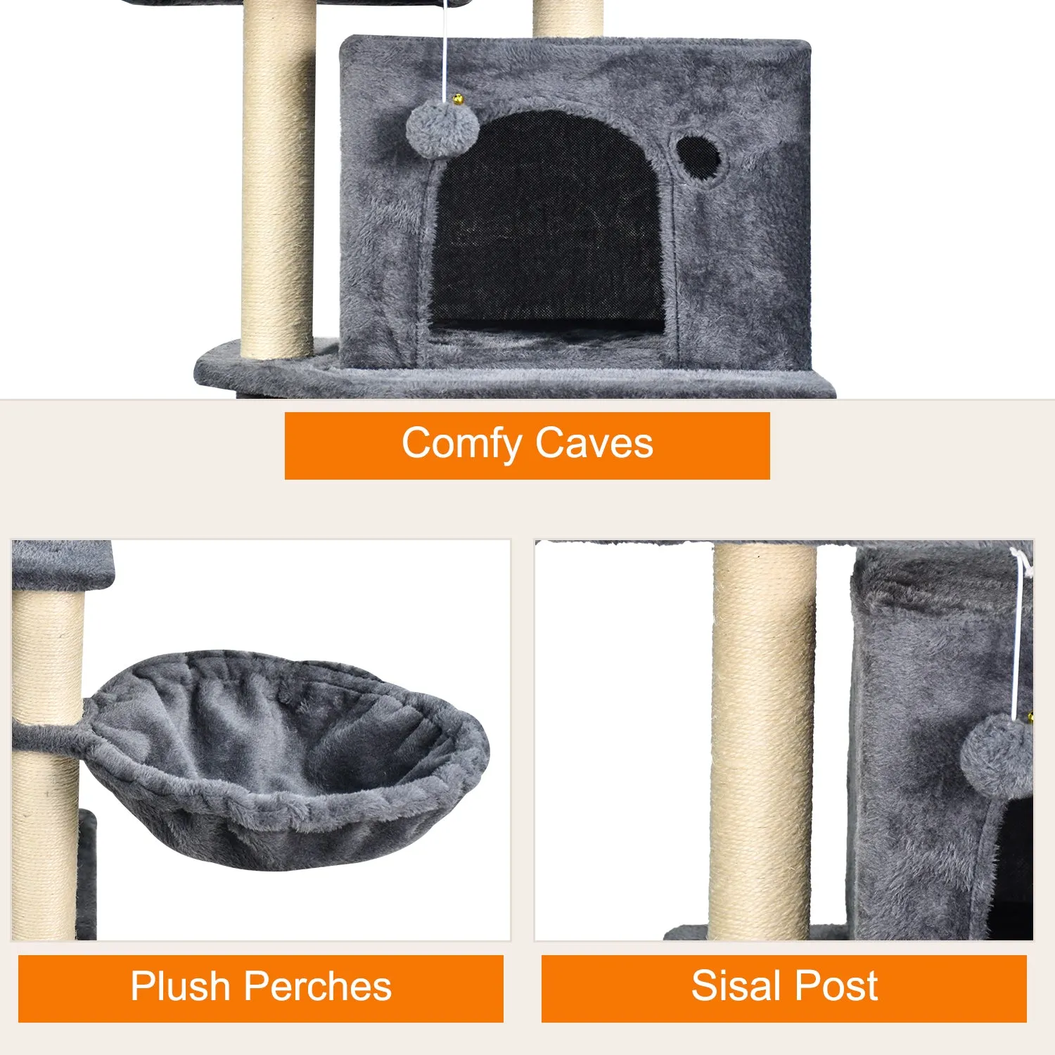 GOOPAWS Multi-Level 60-in Faux Fur Cat Tree & Condo, Dark Grey