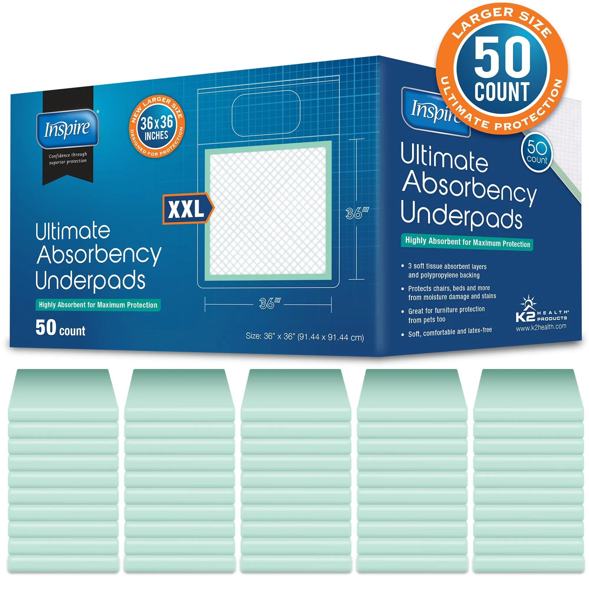 Inspire Extra Large Super Absorbent Disposable Bed Pads for Incontinence (36" X 36" Pack of 50) Ultra Thick and Absorbent Underpads Chux Adults, Puppies, Dogs Kids Furniture Protection