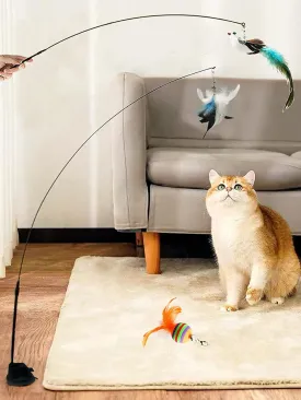 Interactive Cat Feather Toy with Super Suction Cup & Bonus Double-Sided Nano Adhesive  3 Replaceable Feathers, Bell & Spring Wand  Fun Exercise for Indoor Cats & Kittens (Fly Bird Blue)