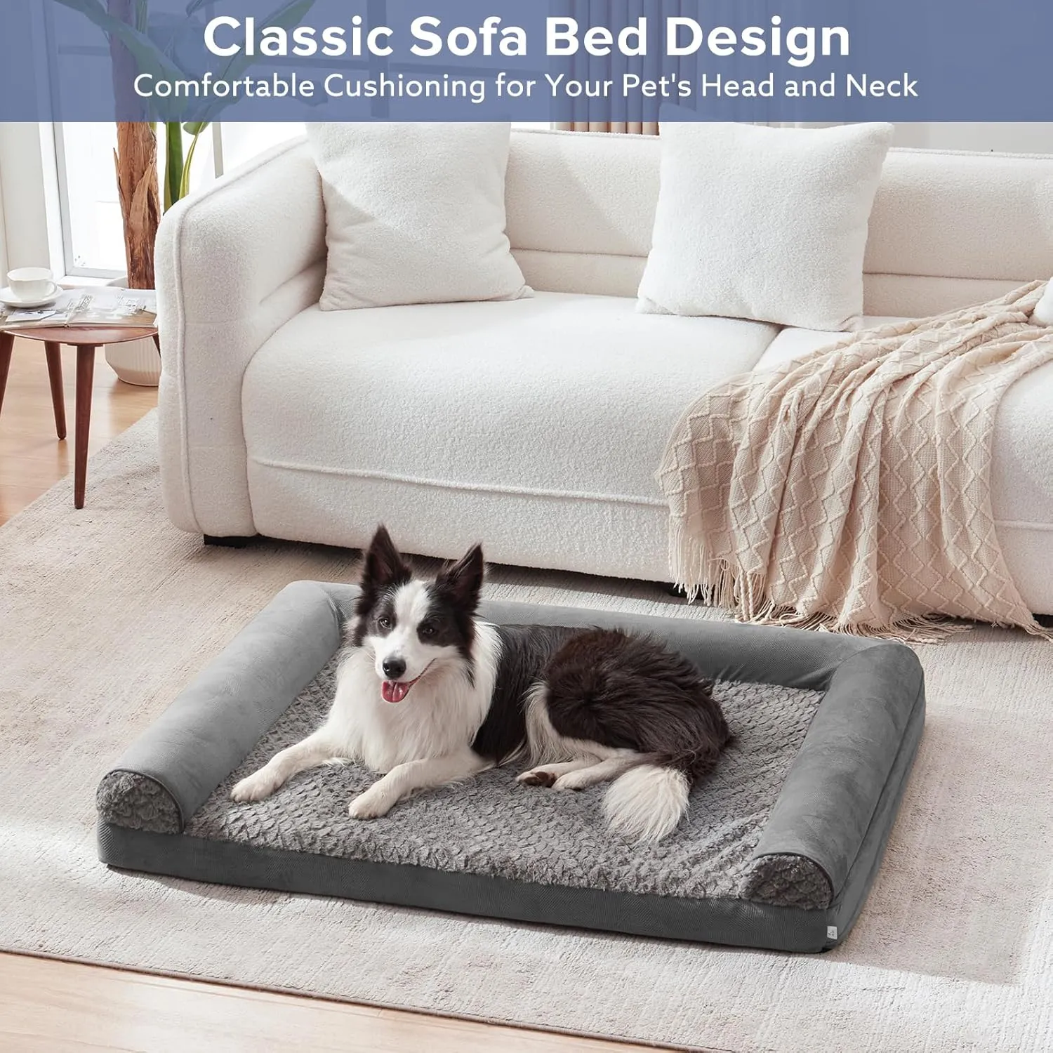 JOEJOY Orthopedic Dog Bed - Large Dog Couch, U Shape Memory Foam with Removable Washable Cover, Waterproof Lining, Comfy Bolster, 35" x 25" x 6.5", Dark Grey