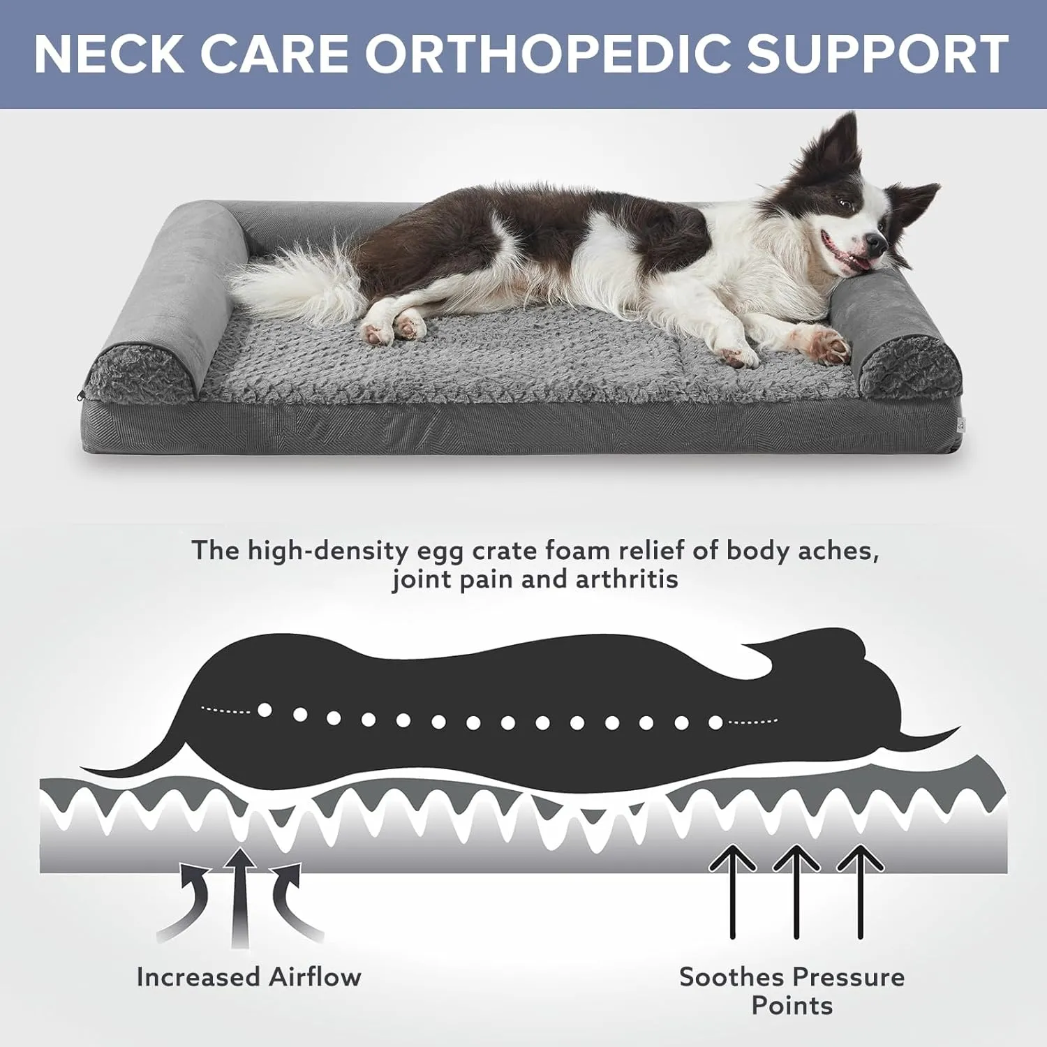JOEJOY Orthopedic Dog Bed - Large Dog Couch, U Shape Memory Foam with Removable Washable Cover, Waterproof Lining, Comfy Bolster, 35" x 25" x 6.5", Dark Grey