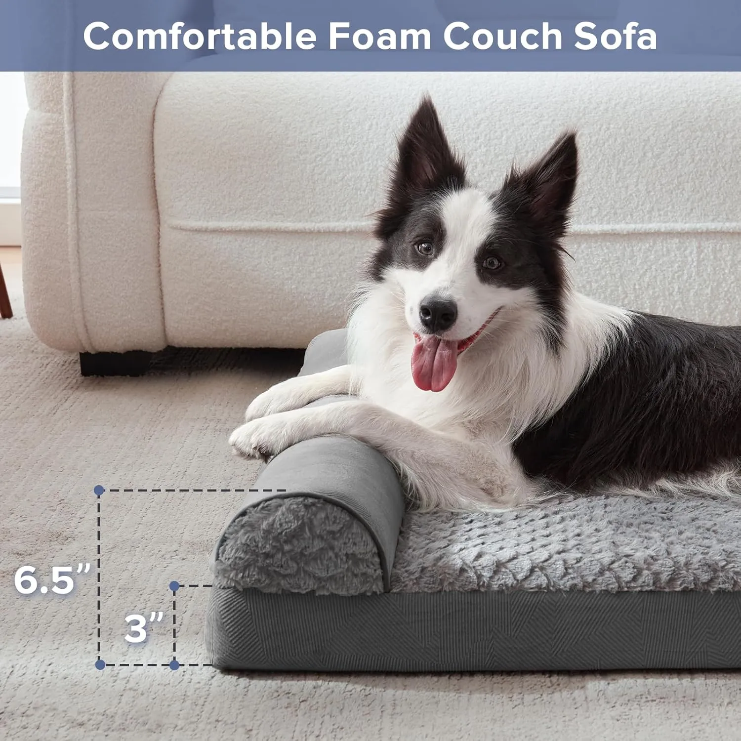 JOEJOY Orthopedic Dog Bed - Large Dog Couch, U Shape Memory Foam with Removable Washable Cover, Waterproof Lining, Comfy Bolster, 35" x 25" x 6.5", Dark Grey