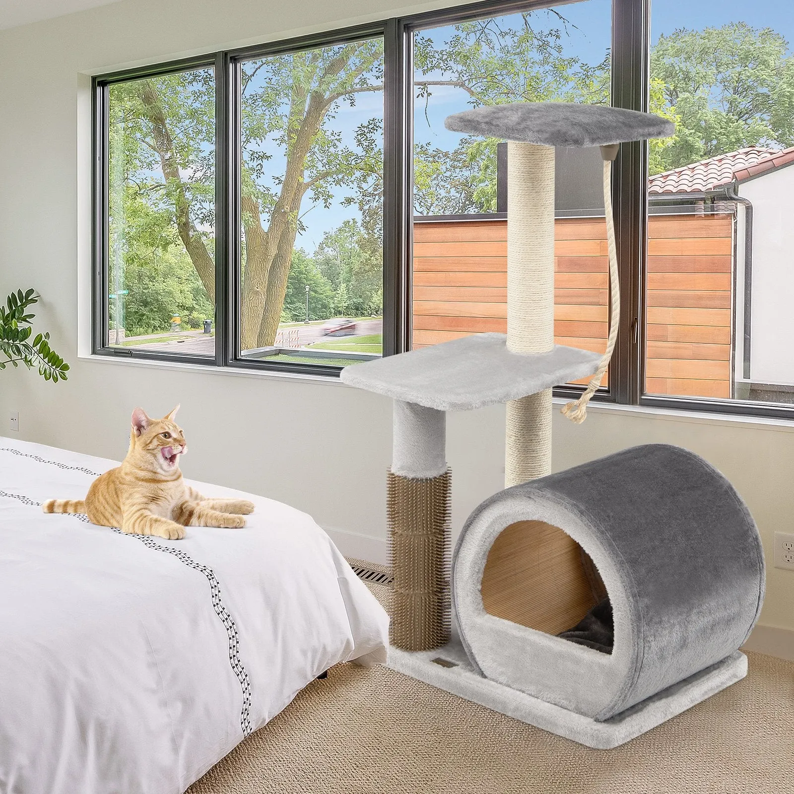 Multi-level Kitty Condo Climbing Tower with Groom Brush and Sisal Rope-Grey