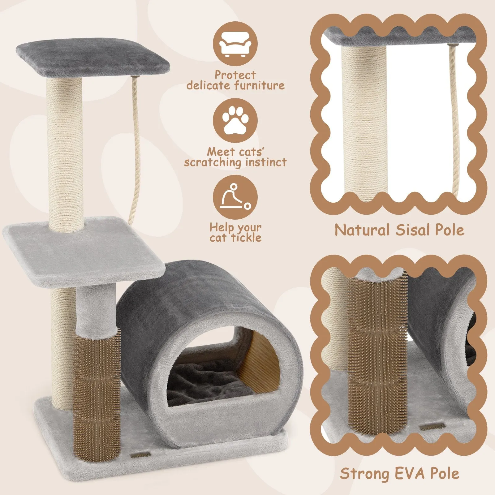 Multi-level Kitty Condo Climbing Tower with Groom Brush and Sisal Rope-Grey