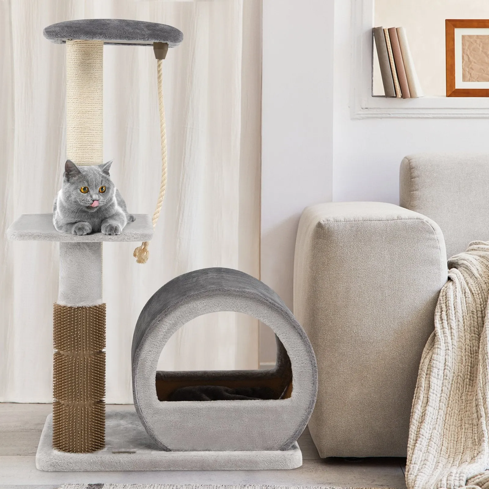 Multi-level Kitty Condo Climbing Tower with Groom Brush and Sisal Rope-Grey