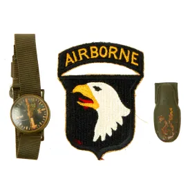 Original U.S. WWII 101st Airborne Division “Old Abe” Screaming Eagle Shoulder Sleeve Insignia With Postwar Waltham Wrist Compass and “Cricket” Clicker - 3 Items