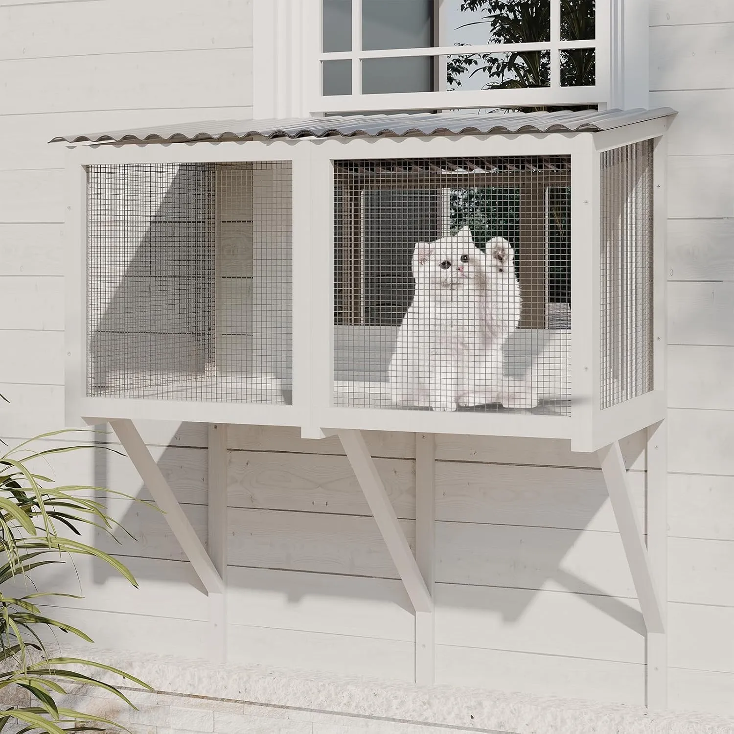 ROOMTEC Cat Catio, Cat Window Box for Indoor Cats Wooden Cat Window Perch for Multi Cats All Weather Use Outdoor Haven Enclosure for Safely Enjoying The Outdoor Sights Scents and Napping,White