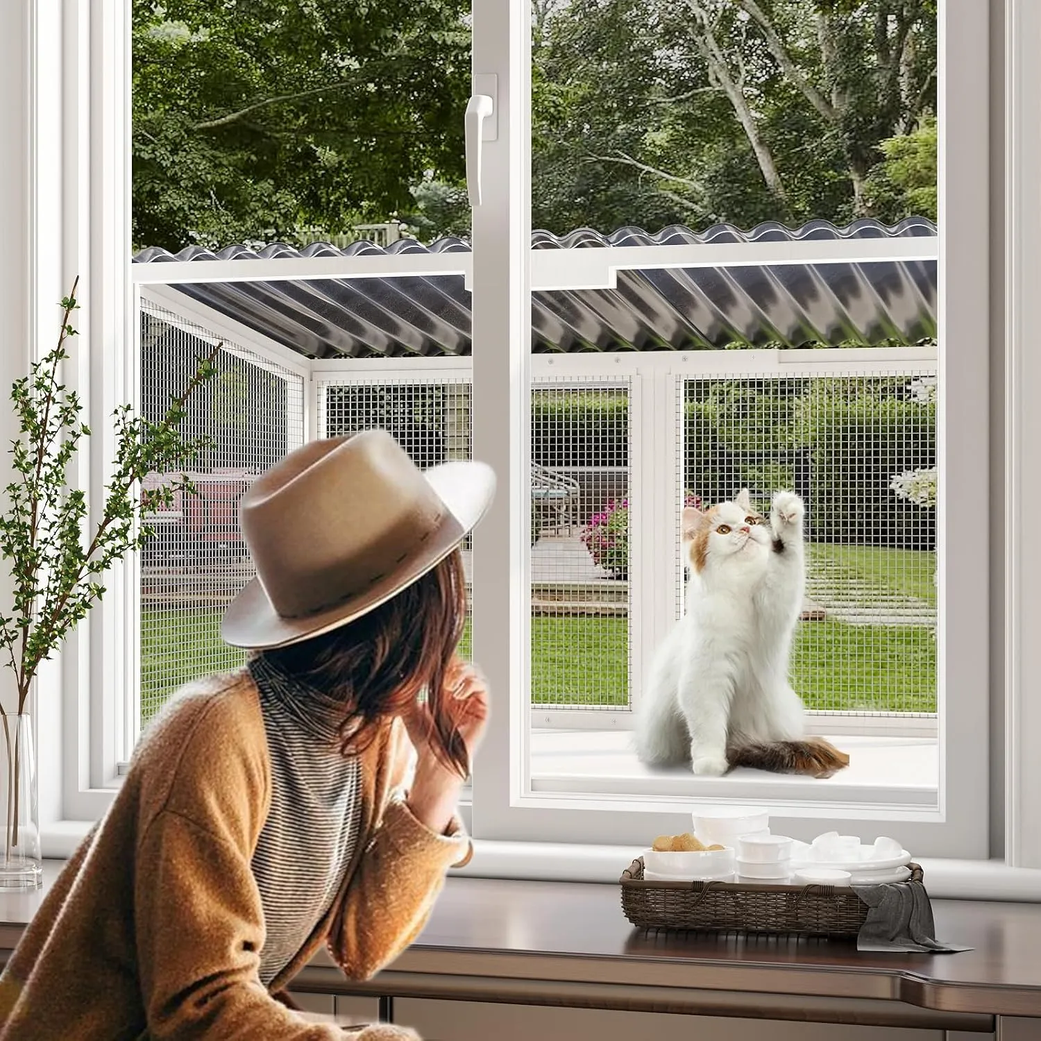 ROOMTEC Cat Catio, Cat Window Box for Indoor Cats Wooden Cat Window Perch for Multi Cats All Weather Use Outdoor Haven Enclosure for Safely Enjoying The Outdoor Sights Scents and Napping,White
