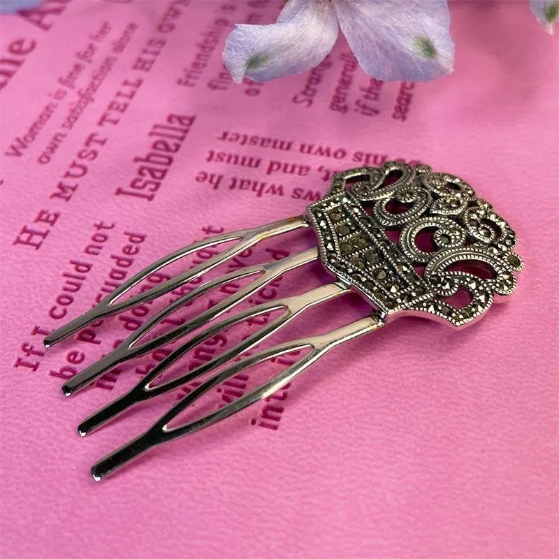 Silver Hair Comb - Regency Style in Silver and Marcasite