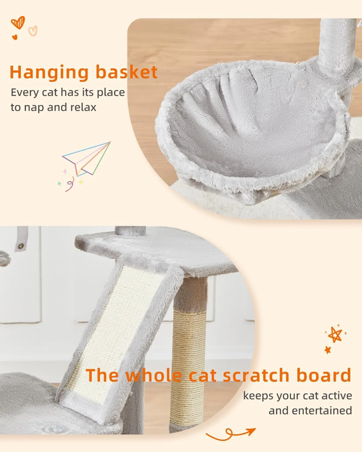 Taoqimiao Cat Tree,38.2-Inch Cat Tower for Indoor Cats,Suitable for Kittens with Luxurious cat condo with Adjustable Baskets and Luxurious Perch Light Gray MS029SW