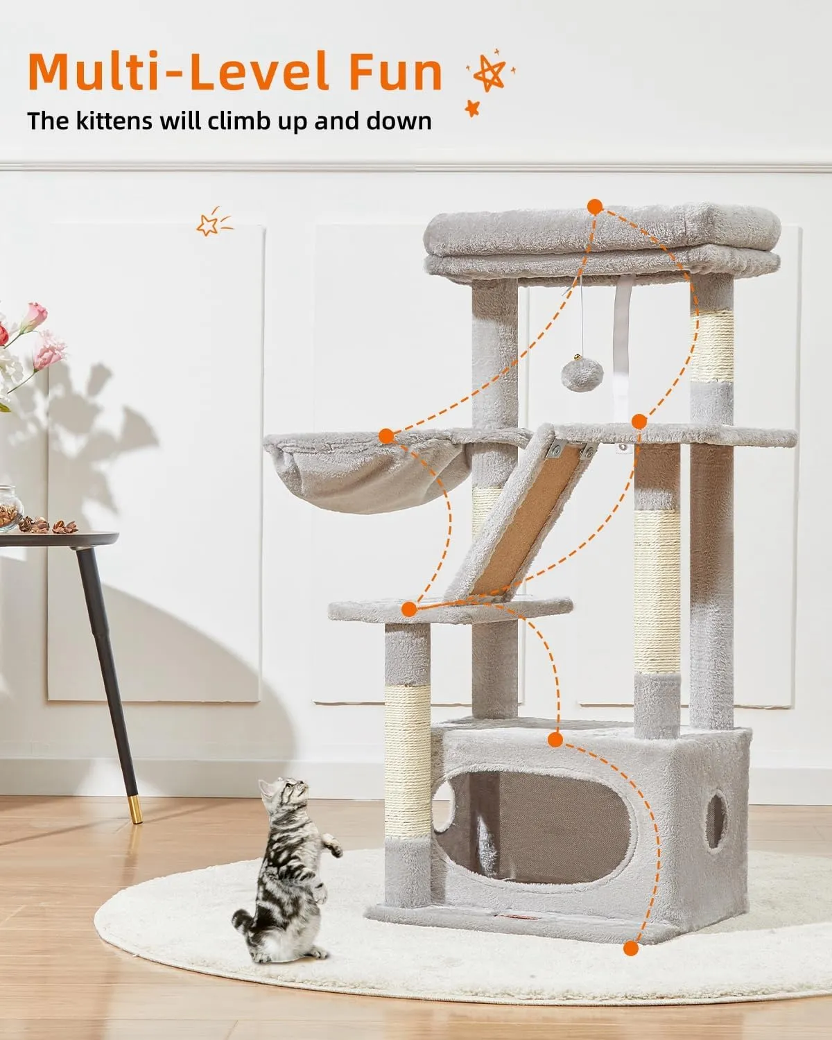 Taoqimiao Cat Tree,38.2-Inch Cat Tower for Indoor Cats,Suitable for Kittens with Luxurious cat condo with Adjustable Baskets and Luxurious Perch Light Gray MS029SW