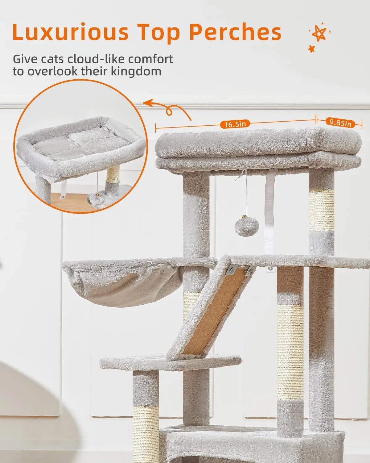 Taoqimiao Cat Tree,38.2-Inch Cat Tower for Indoor Cats,Suitable for Kittens with Luxurious cat condo with Adjustable Baskets and Luxurious Perch Light Gray MS029SW