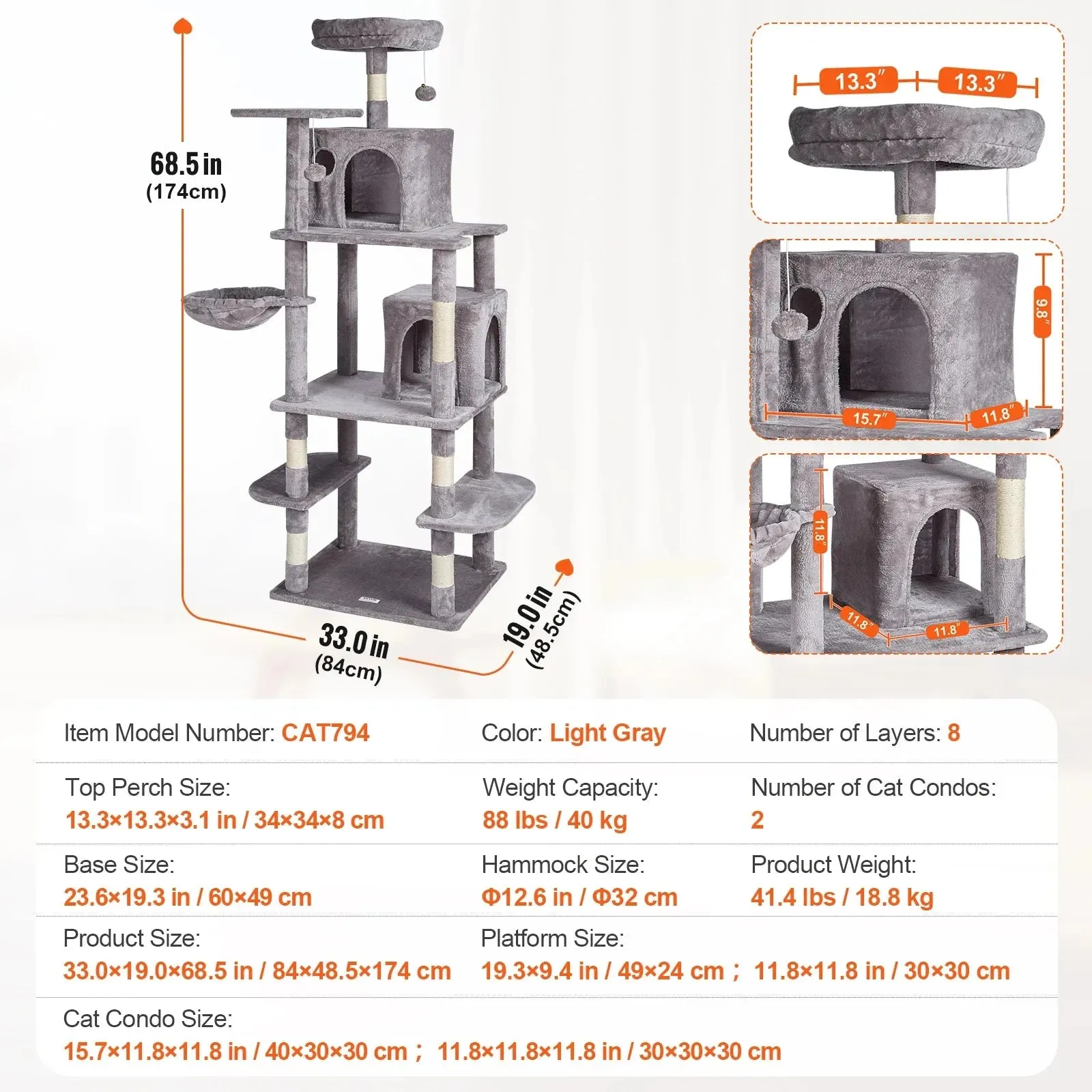 VEVOR 45.2" Cat Tree with Cat Condo & Scratching Post