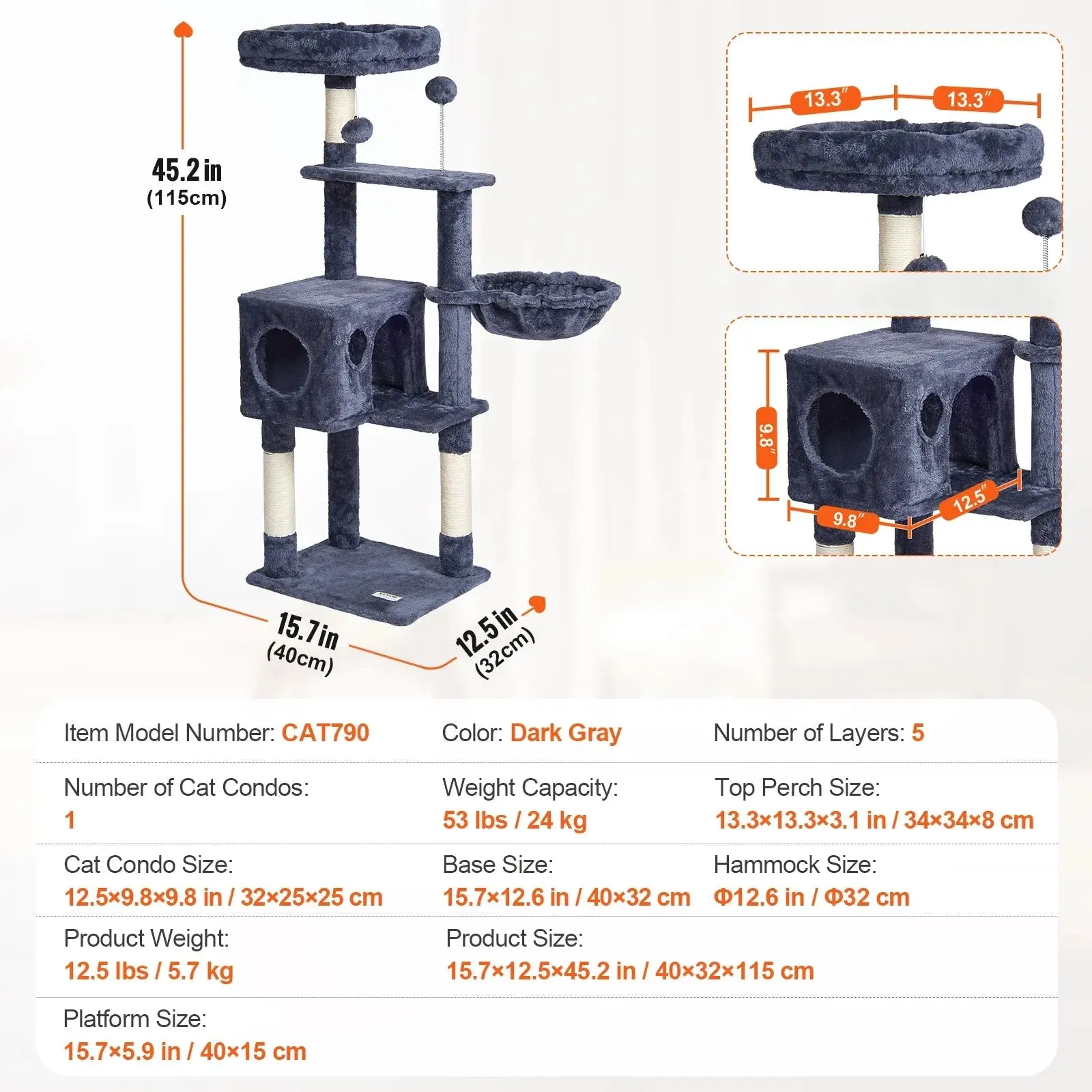 VEVOR 45.2" Cat Tree with Cat Condo & Scratching Post
