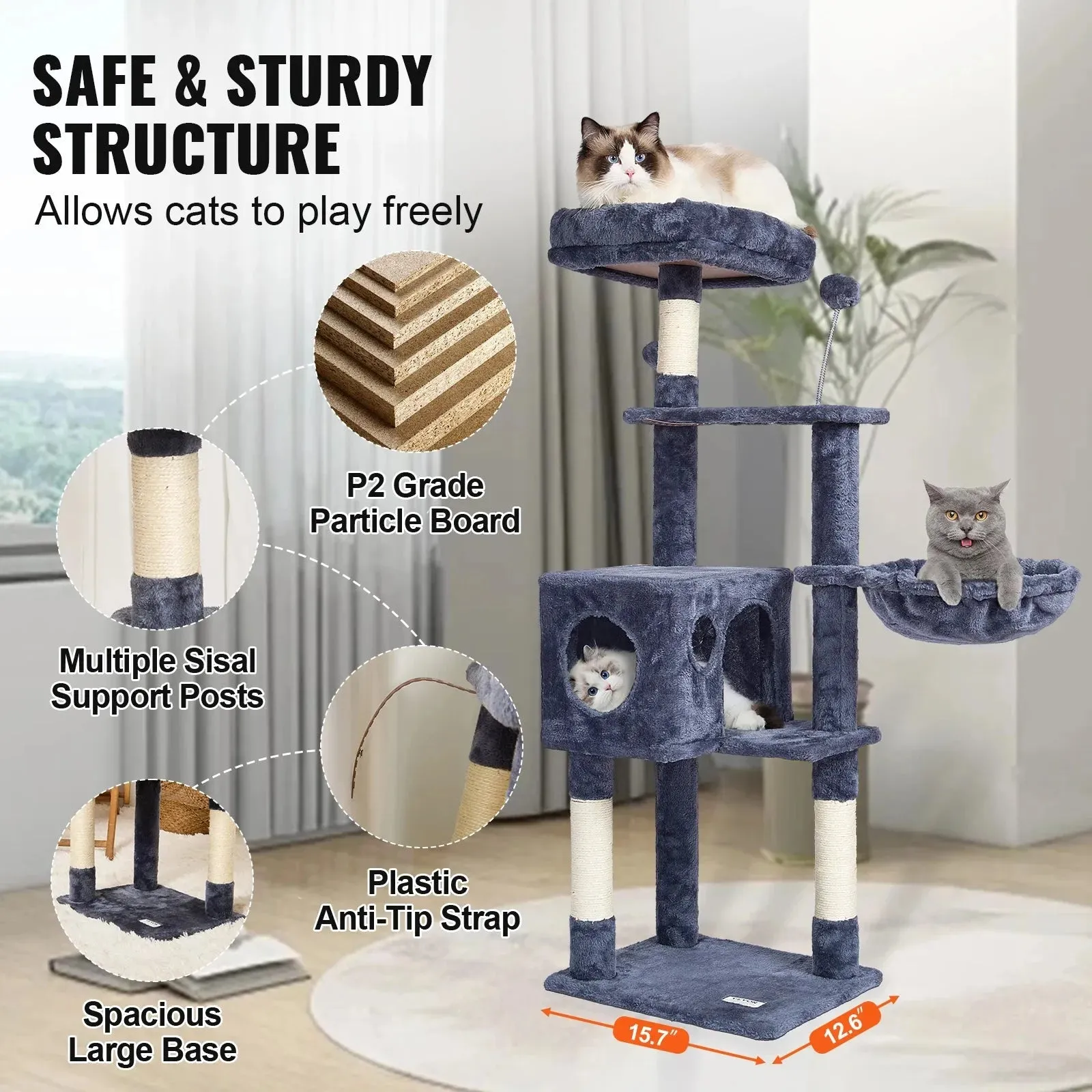 VEVOR 45.2" Cat Tree with Cat Condo & Scratching Post
