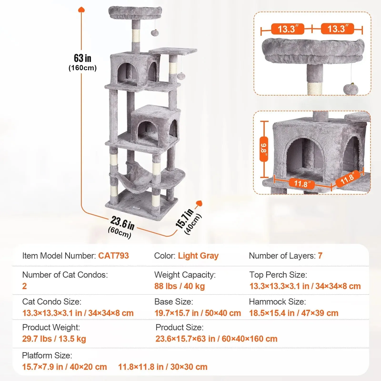 VEVOR 45.2" Cat Tree with Cat Condo & Scratching Post