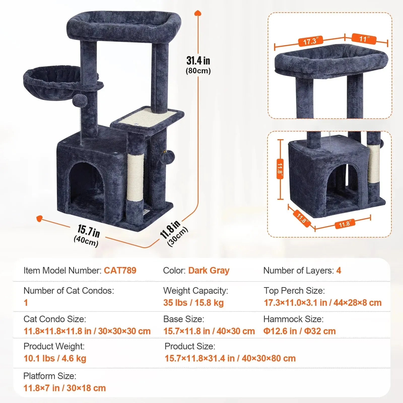 VEVOR 45.2" Cat Tree with Cat Condo & Scratching Post