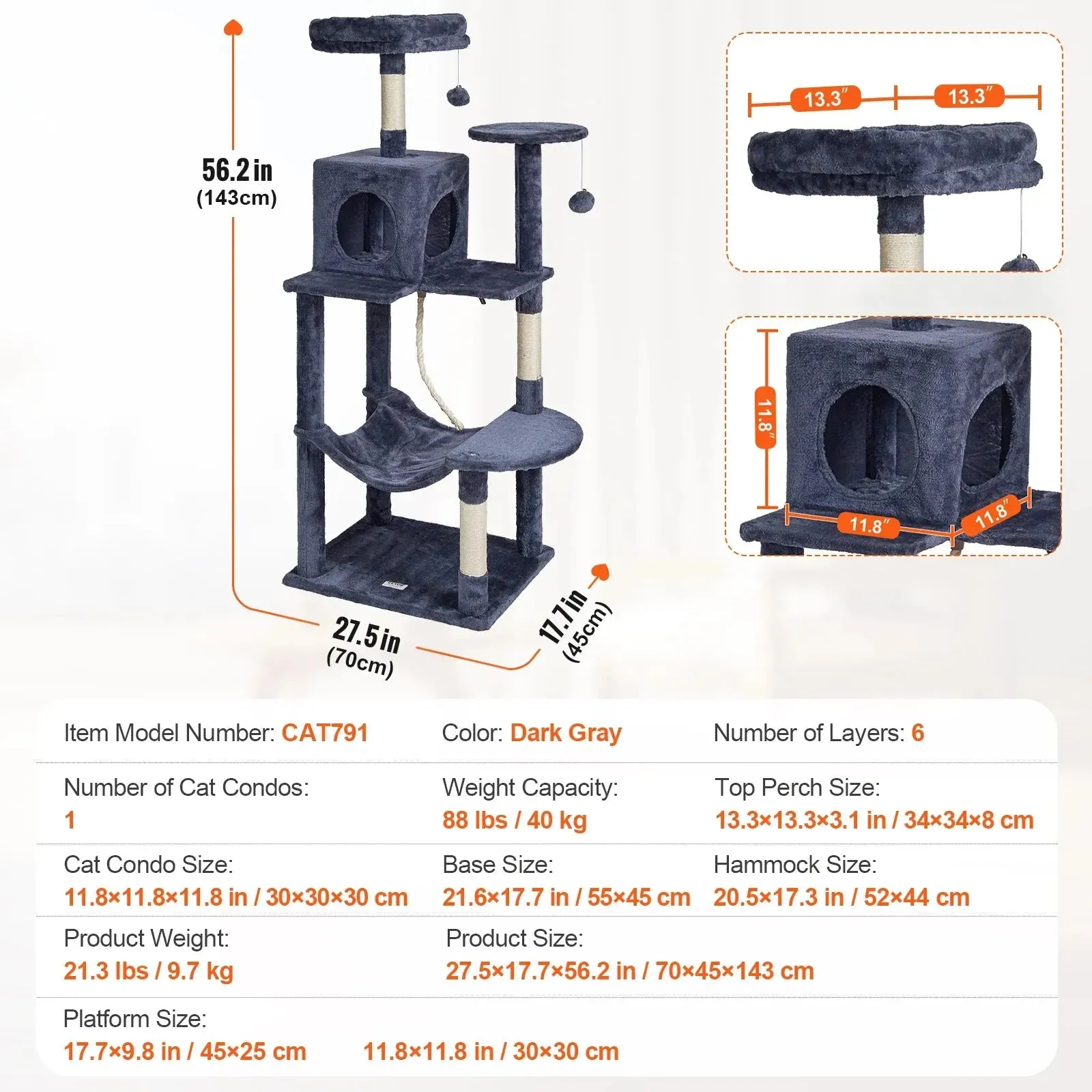VEVOR 45.2" Cat Tree with Cat Condo & Scratching Post