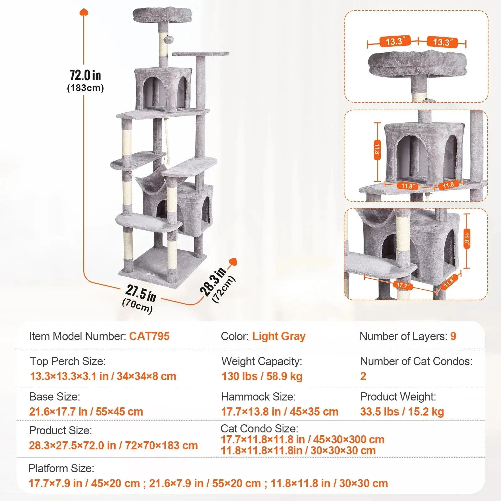 VEVOR 45.2" Cat Tree with Cat Condo & Scratching Post