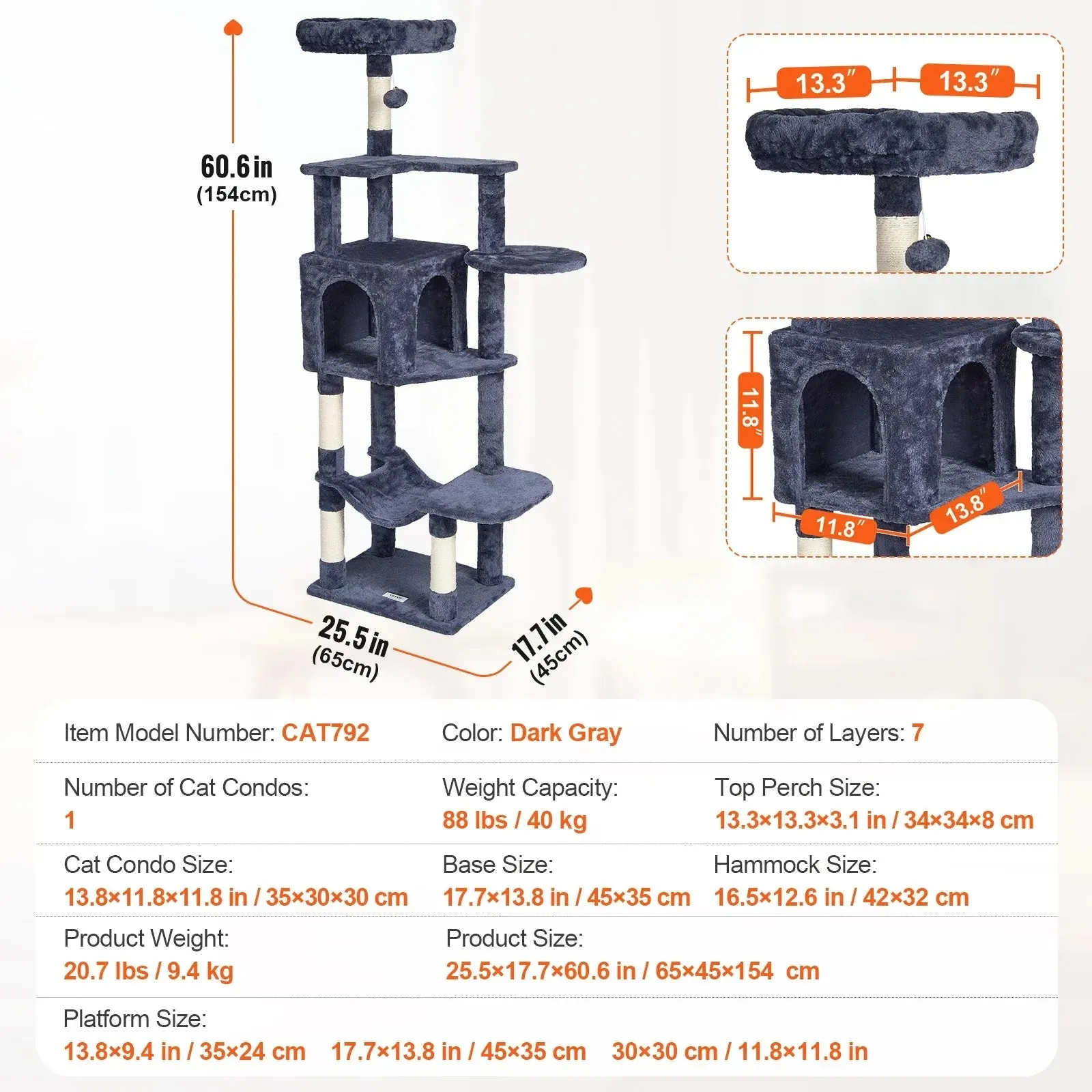VEVOR 45.2" Cat Tree with Cat Condo & Scratching Post