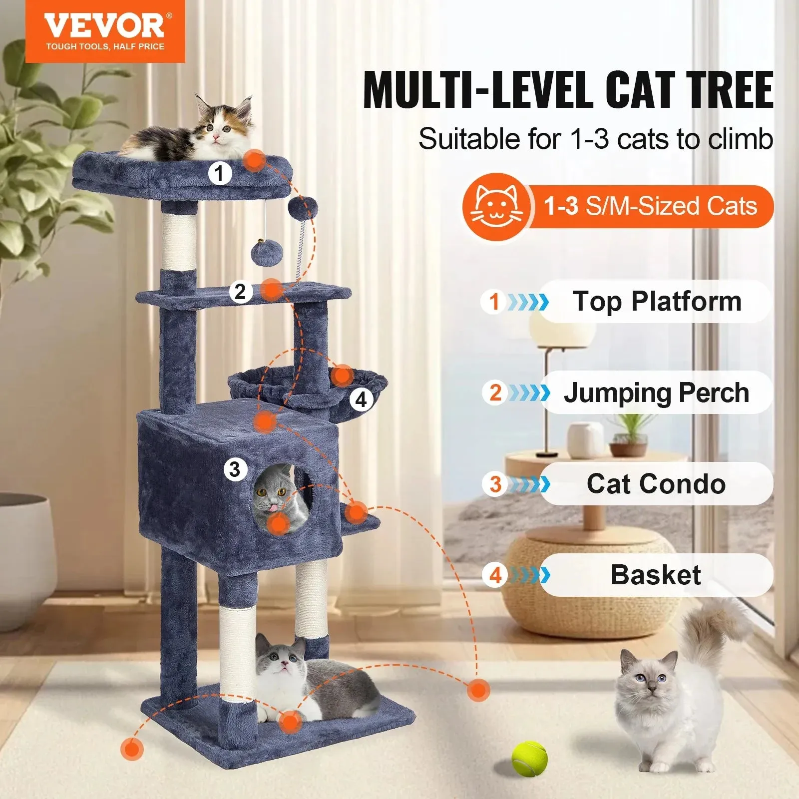 VEVOR 45.2" Cat Tree with Cat Condo & Scratching Post