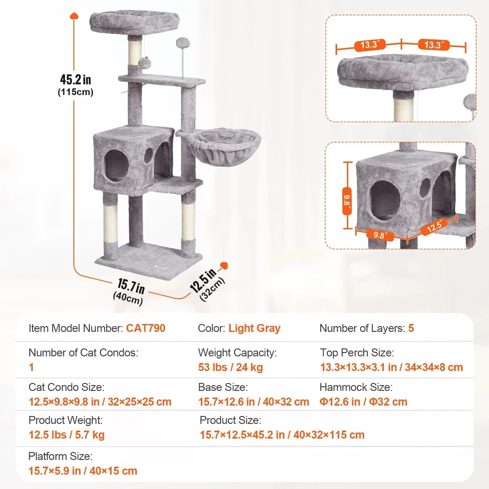 VEVOR 45.2" Cat Tree with Cat Condo & Scratching Post