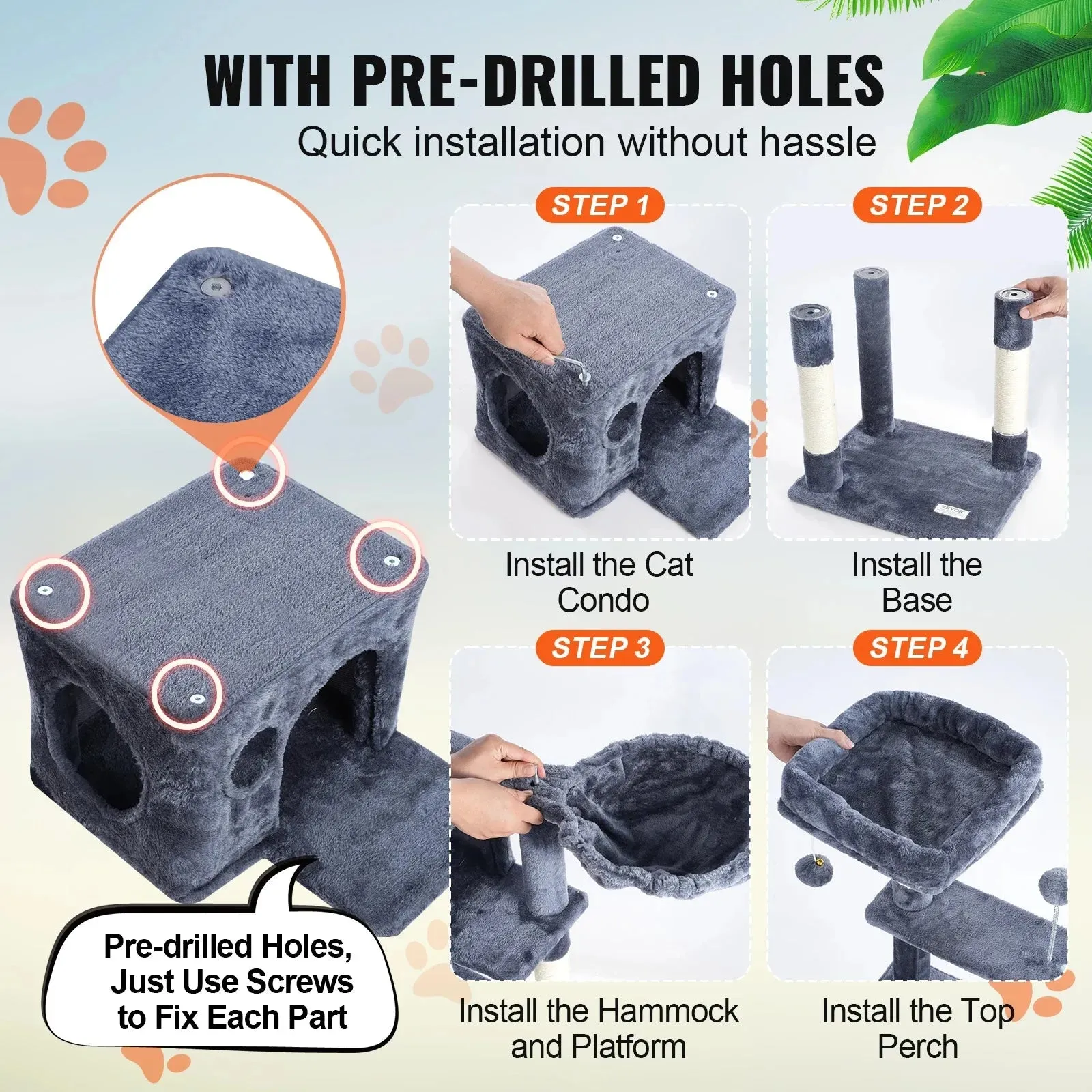 VEVOR 45.2" Cat Tree with Cat Condo & Scratching Post