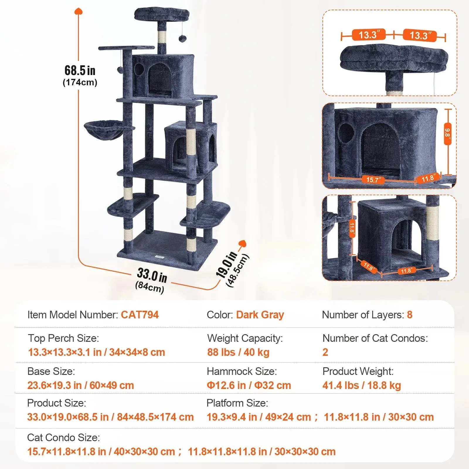 VEVOR 45.2" Cat Tree with Cat Condo & Scratching Post