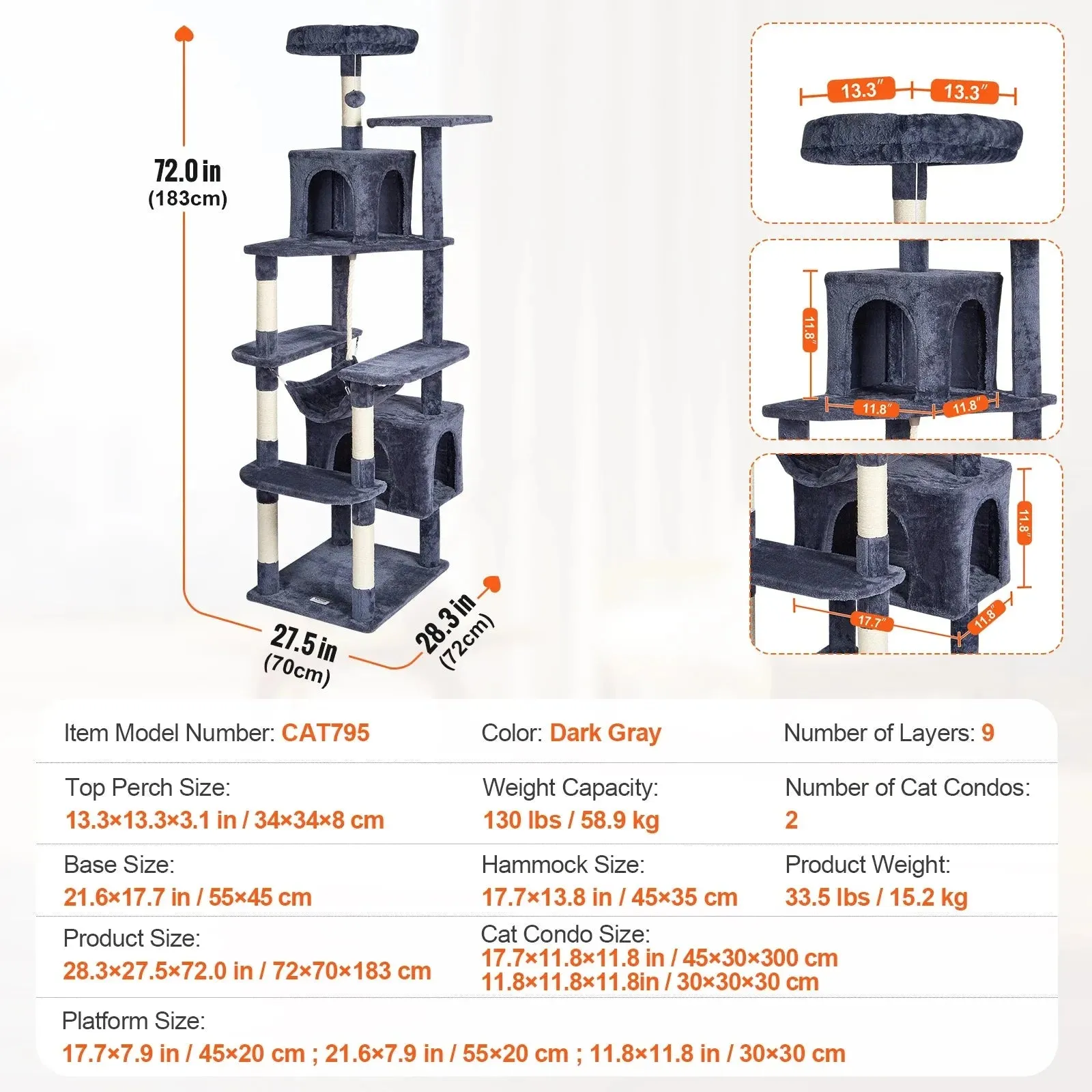 VEVOR 45.2" Cat Tree with Cat Condo & Scratching Post