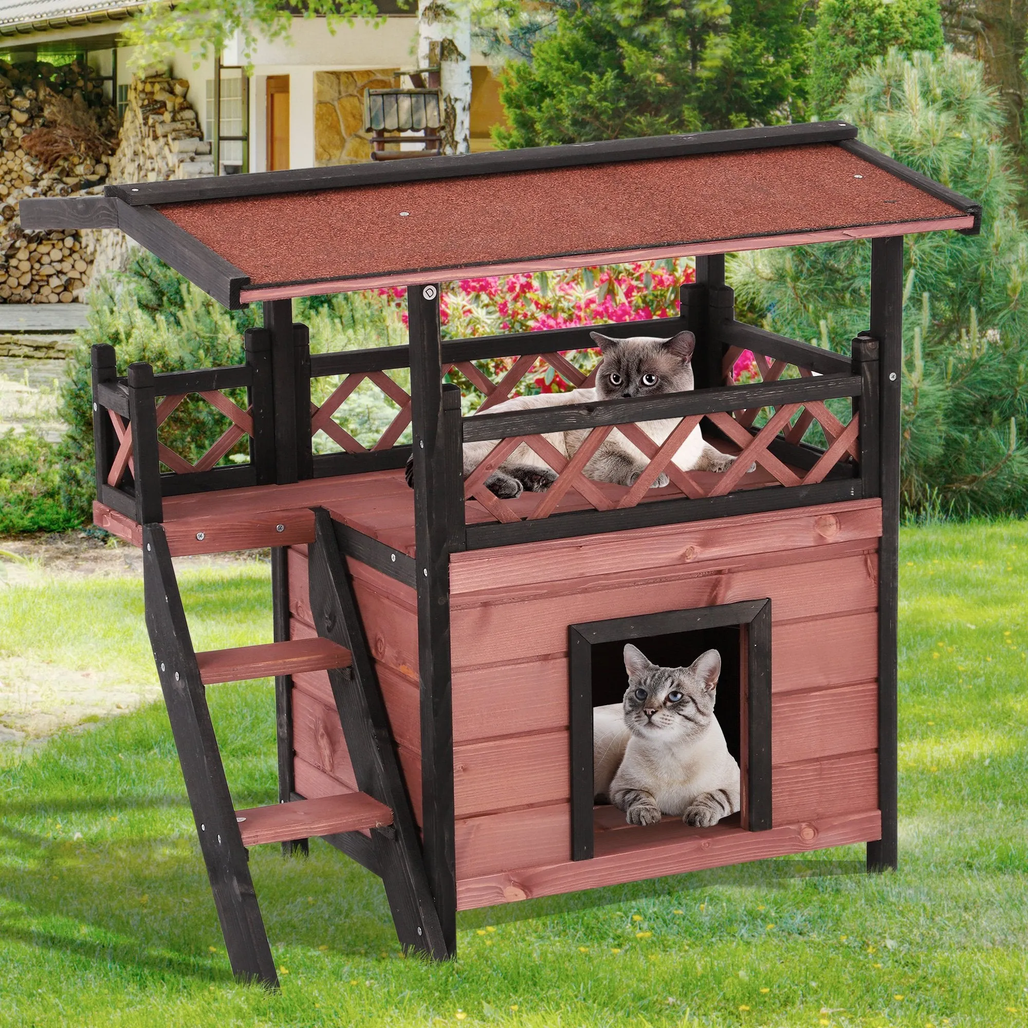 Wood Cat House Outdoor Luxury Wooden Room View Patio Weatherproof Shelter Puppy Garden Scratch Post Large Kennel Crate